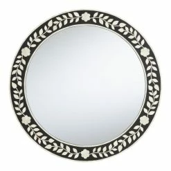 World Market Round Black And White Floral Bone Inlay Wall Mirror