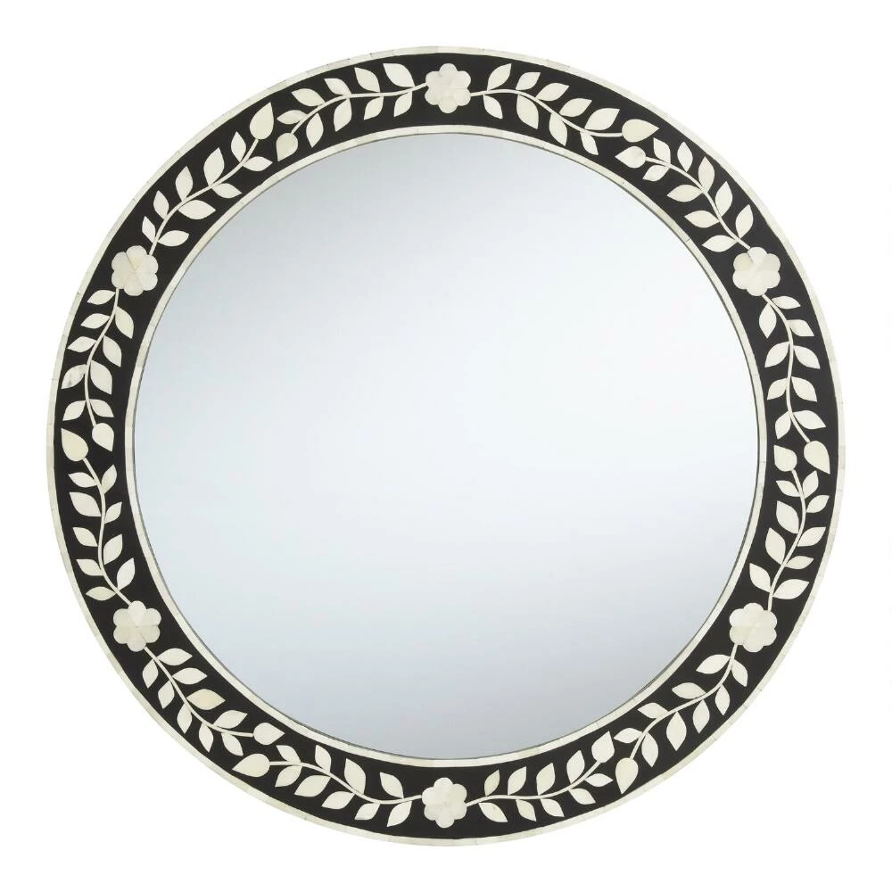 World Market Round Black And White Floral Bone Inlay Wall Mirror