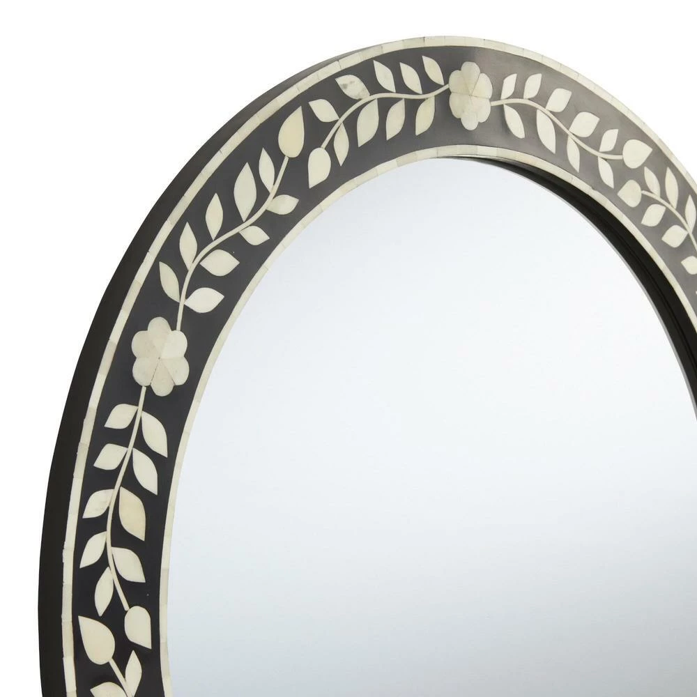 World Market Round Black And White Floral Bone Inlay Wall Mirror - Image 3