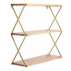 World Market Natural Wood and Gold 3 Tier Wall Shelf