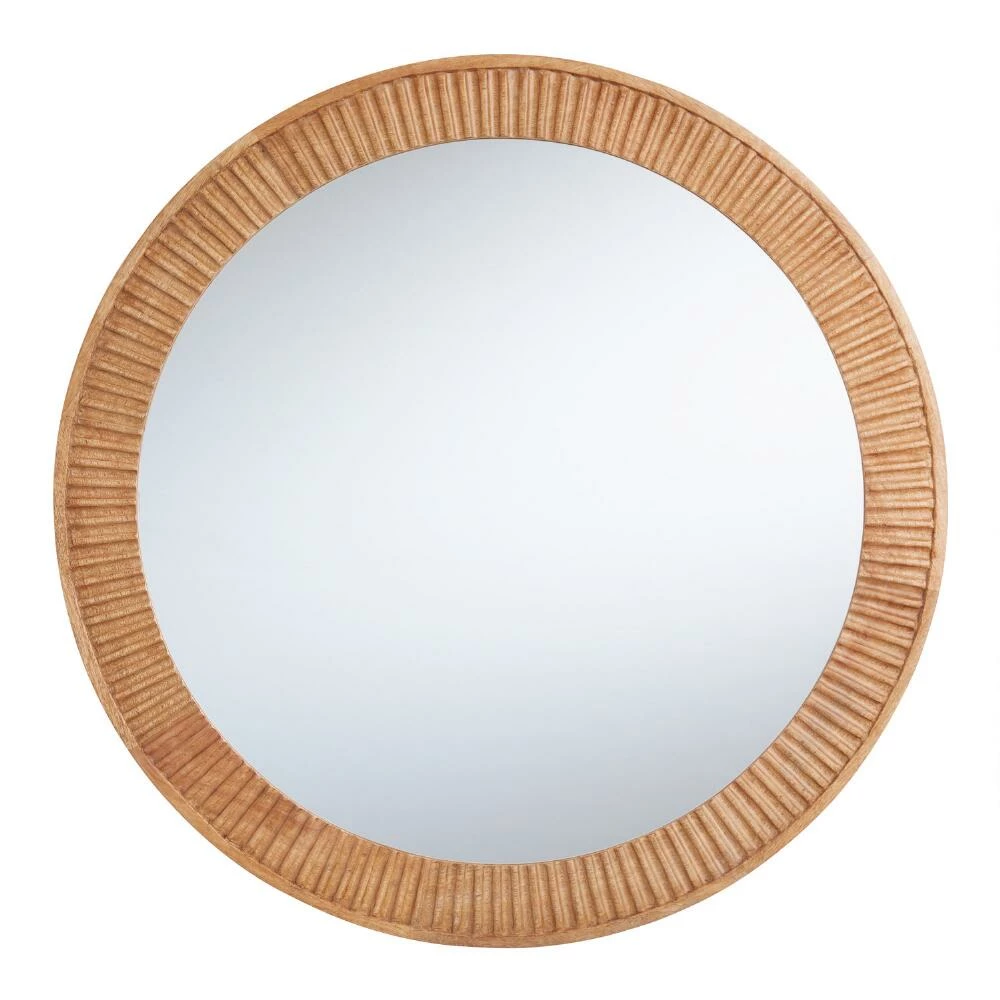 World Market Round Carved Wood Fluted Wall Mirror