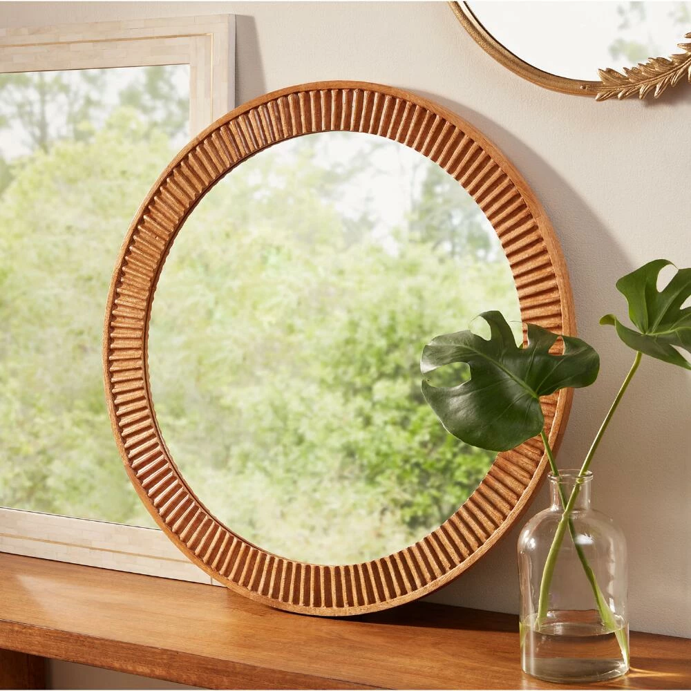 World Market Round Carved Wood Fluted Wall Mirror - Image 2