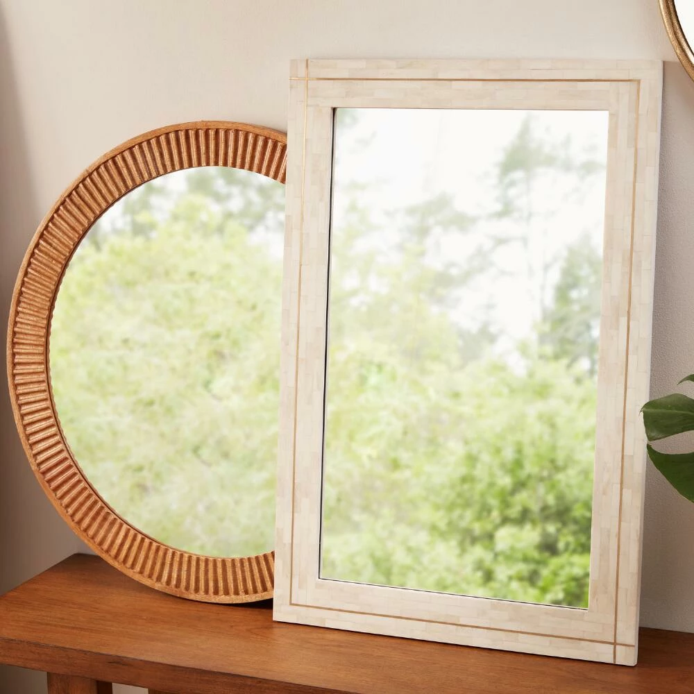 World Market White Bone Mosaic and Brass Inlay Wall Mirror - Image 2