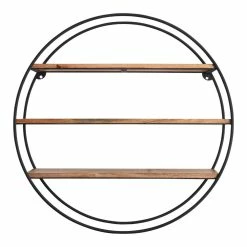 World Market Round Black Metal and Natural Mango Wood Wall Shelf