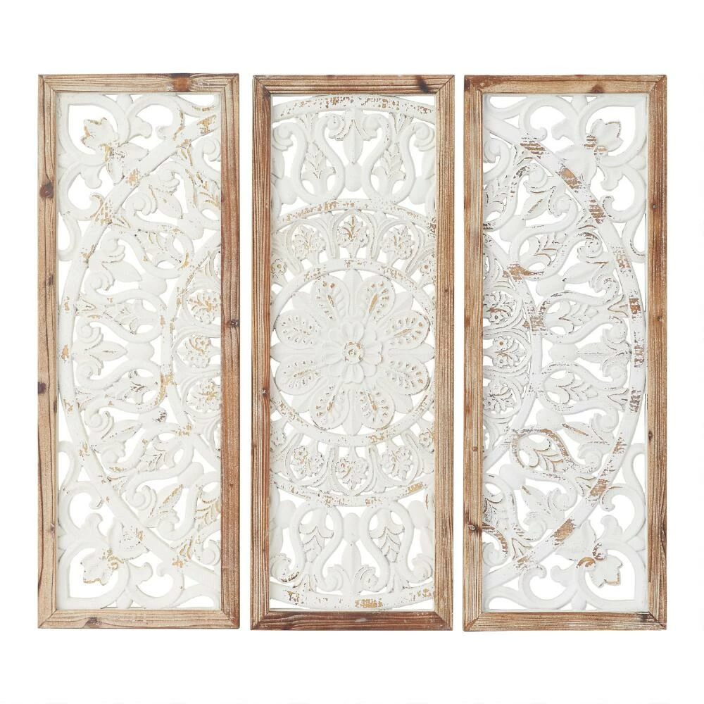 World Market White Wood Floral Panel Farmhouse Wall Decor 3 Piece