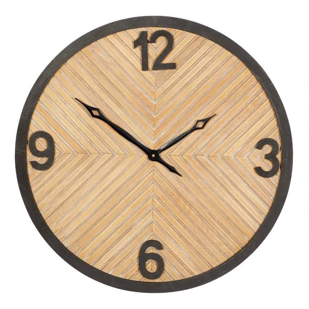 World Market Light Brown Wood and Black Metal Industrial Wall Clock