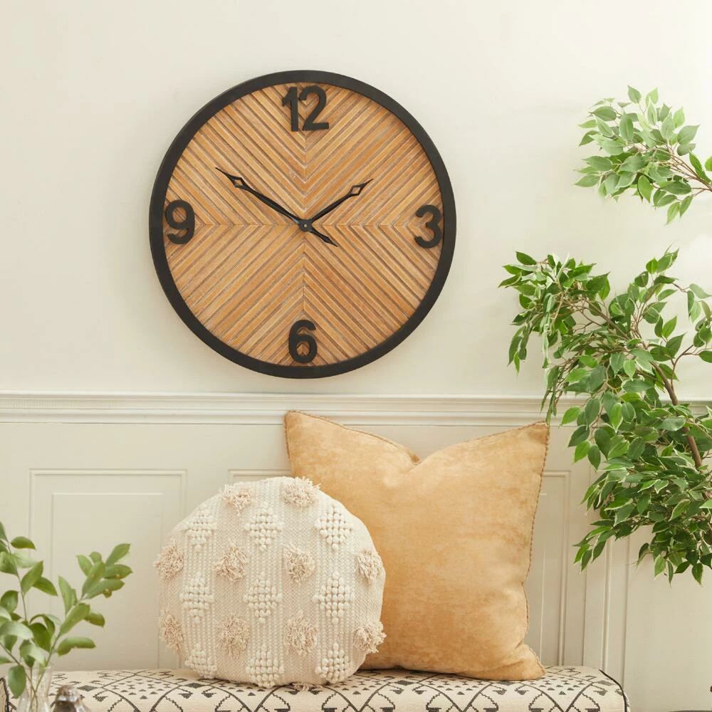 World Market Light Brown Wood and Black Metal Industrial Wall Clock - Image 2