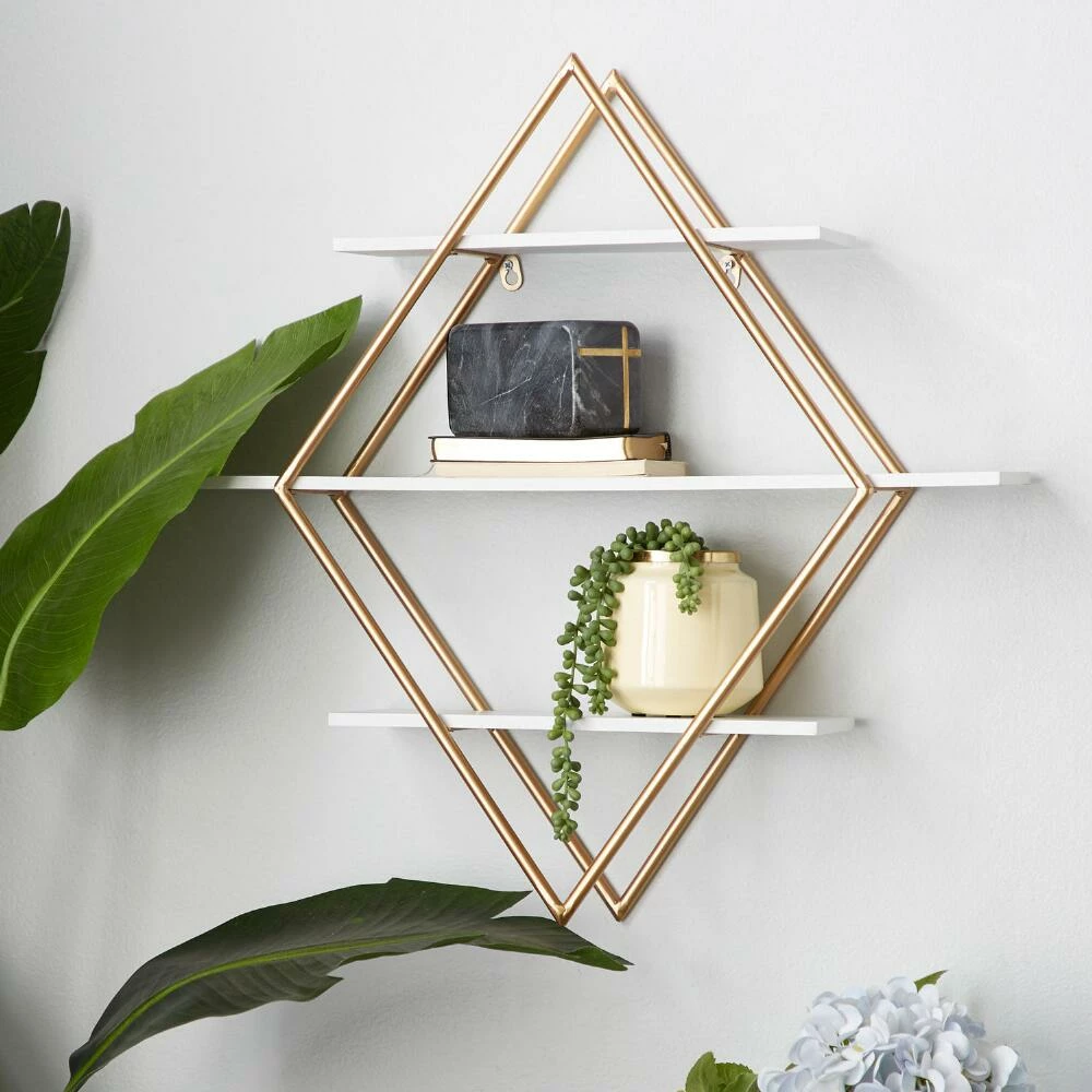 World Market White And Gold Diamond 3 Tier Wall Shelf - Image 2